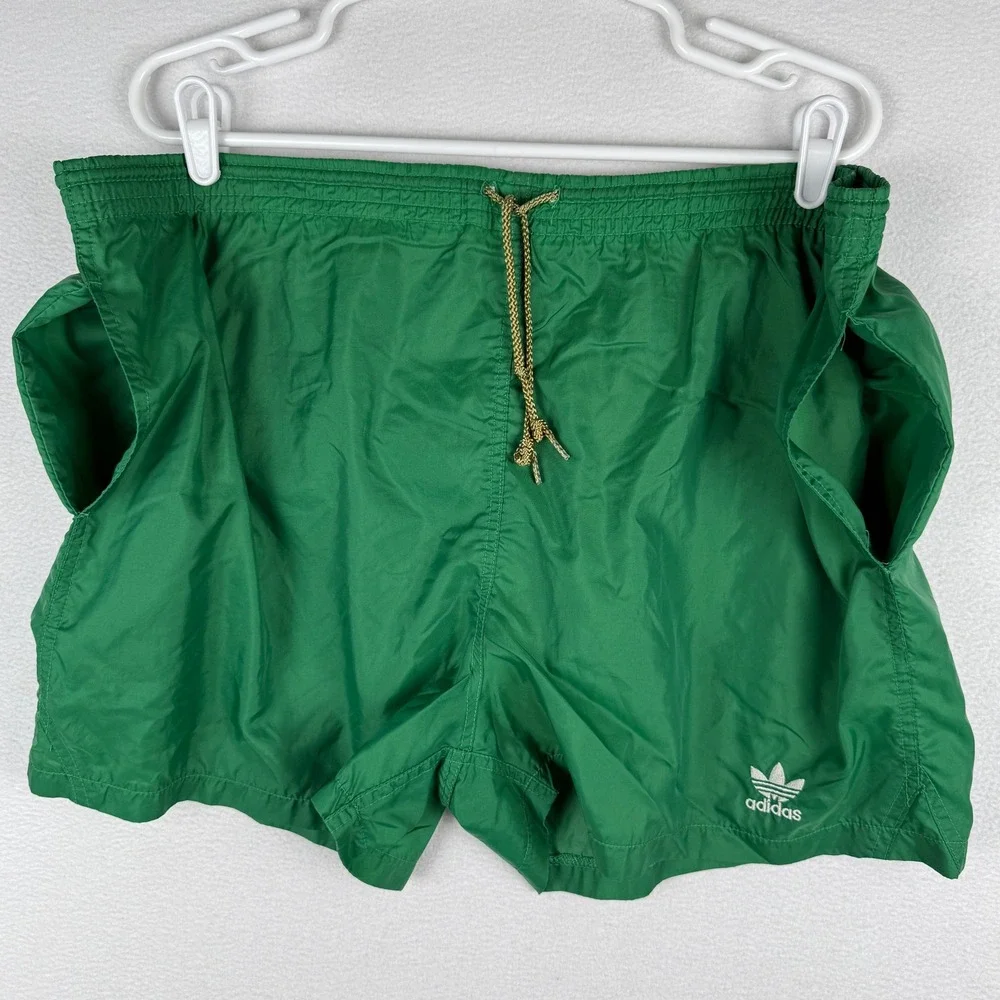 Vintage 80s Adidas Swim Shorts Mens Large Green Trefoil Logo Lined Nylon Trunks